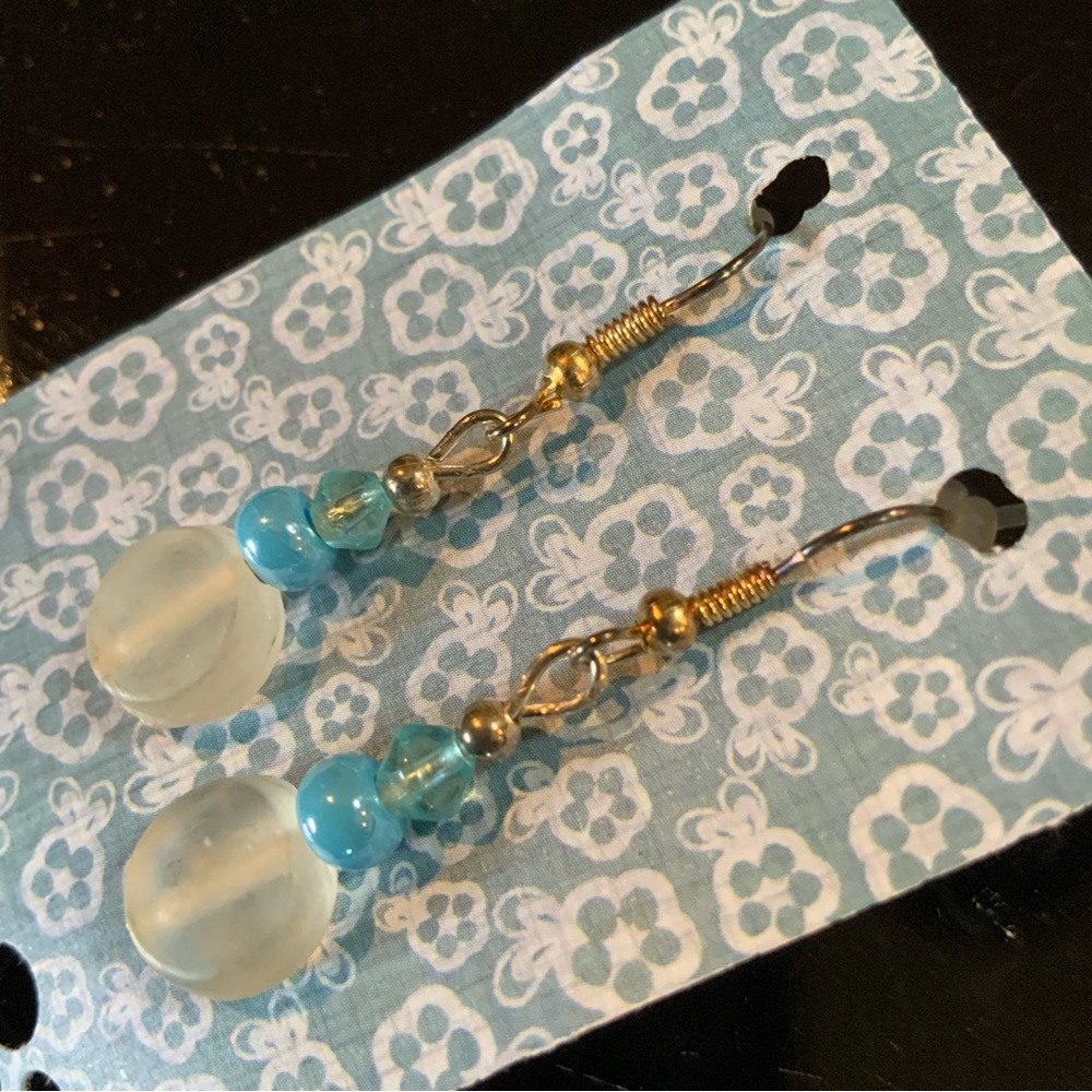 Earrings Pierced Blue White Beads Artisian Handmade New #P6